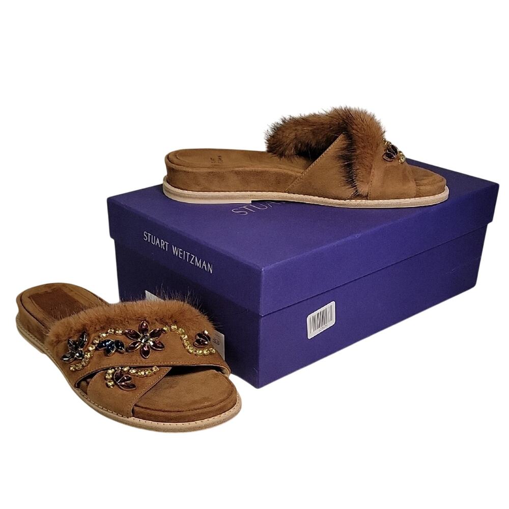 Stuart Weitzman Brown Nomedeplume Suede Mink Fur Jewel Sandal Womens 5.5 NEW